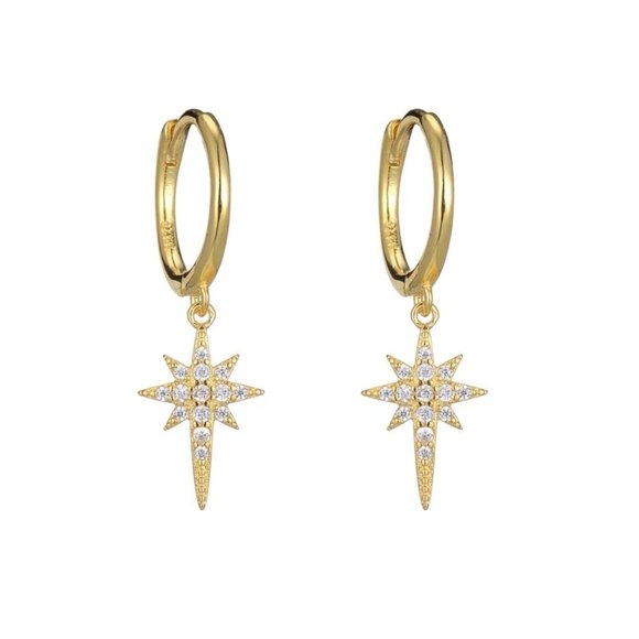 14k Gold Star Diamonds Huggie Hoop Earrings Sterling Silver